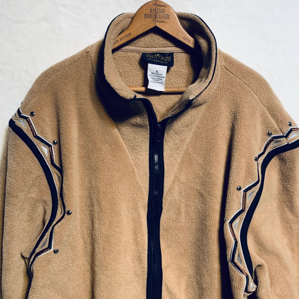 Bob Mackie Fleece Jacket Women XL Tan Wearable Art Western Studded Full Zip Mock - Picture 2 of 8